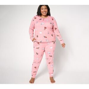 Cuddl Duds Women's Sleepwear Sz L Cozy Jersey Henley Top and Jogger Pink A656106